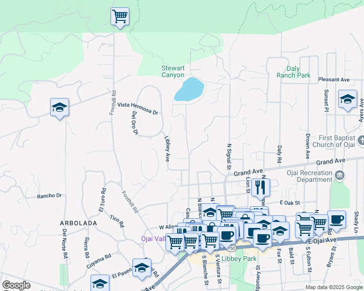 map of restaurants, bars, coffee shops, grocery stores, and more near 811 Canada Street in Ojai