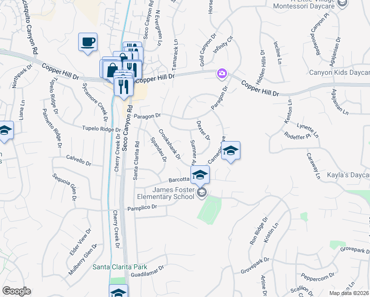 map of restaurants, bars, coffee shops, grocery stores, and more near 22553 Pearson Court in Santa Clarita