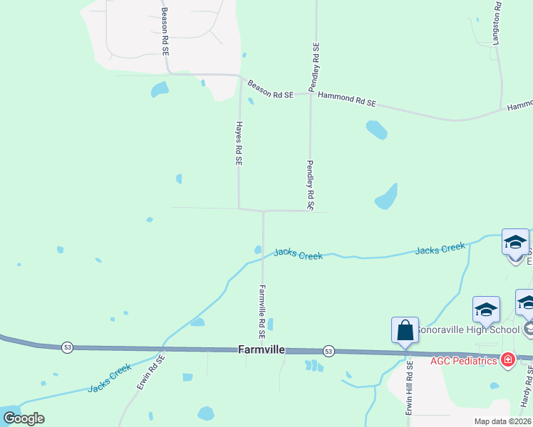 map of restaurants, bars, coffee shops, grocery stores, and more near 116 Farmville Road Southeast in Calhoun