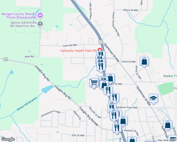 map of restaurants, bars, coffee shops, grocery stores, and more near 1103 Snowhill Lane Northwest in Hartselle