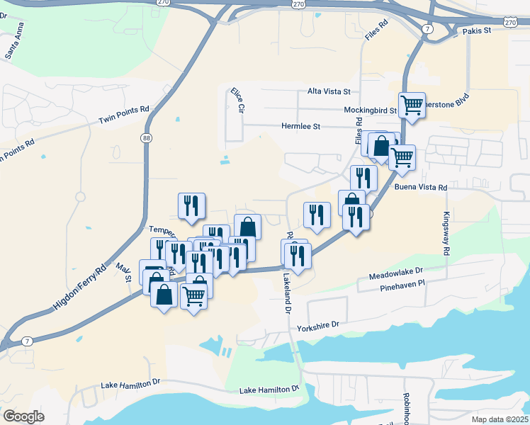 map of restaurants, bars, coffee shops, grocery stores, and more near 124 Corporate Terrace in Hot Springs