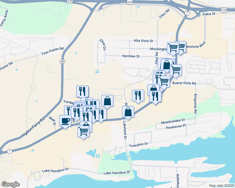 map of restaurants, bars, coffee shops, grocery stores, and more near 124 Corporate Terrace in Hot Springs