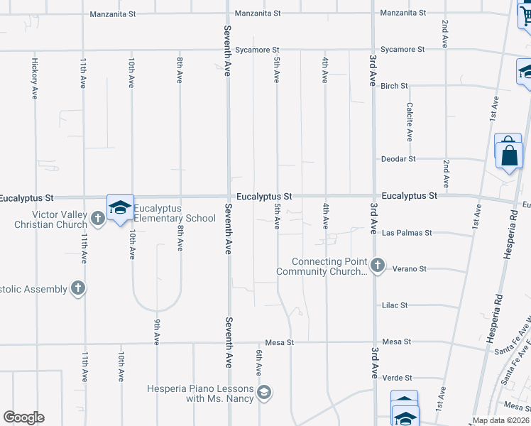 map of restaurants, bars, coffee shops, grocery stores, and more near 11258 5th Avenue in Hesperia