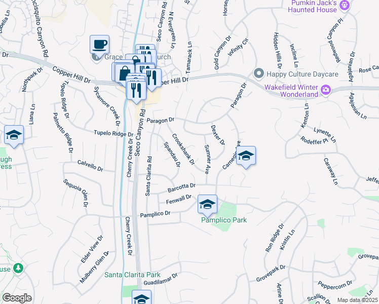 map of restaurants, bars, coffee shops, grocery stores, and more near 27768 Crookshank Drive in Santa Clarita