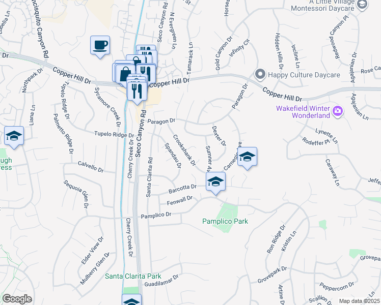 map of restaurants, bars, coffee shops, grocery stores, and more near 27768 Crookshank Drive in Santa Clarita