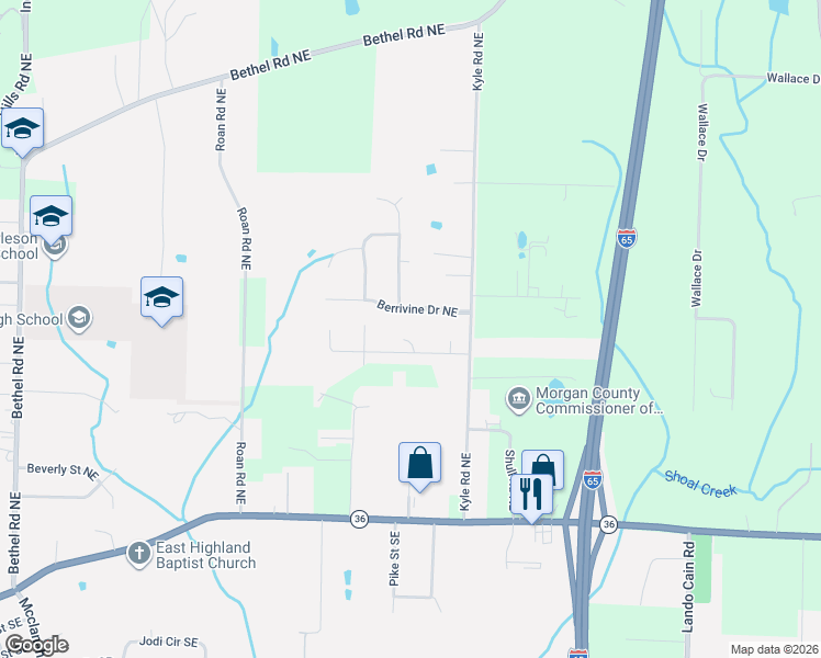 map of restaurants, bars, coffee shops, grocery stores, and more near 1002 Pearl Bend Lane Northeast in Hartselle
