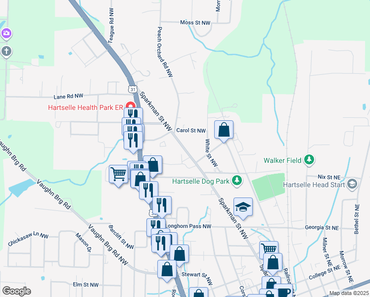 map of restaurants, bars, coffee shops, grocery stores, and more near 1319 Sparkman Street Northwest in Hartselle