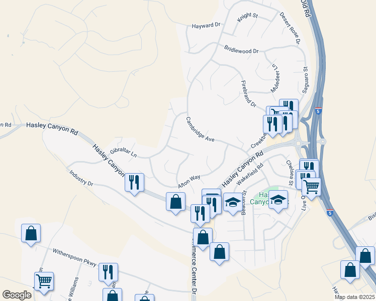 map of restaurants, bars, coffee shops, grocery stores, and more near 28201 Springvale Lane in Castaic
