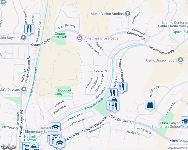 map of restaurants, bars, coffee shops, grocery stores, and more near 28218 Oaklar Drive in Santa Clarita