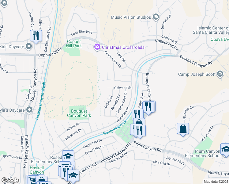 map of restaurants, bars, coffee shops, grocery stores, and more near 28218 Oaklar Drive in Santa Clarita
