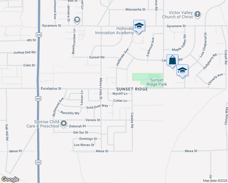 map of restaurants, bars, coffee shops, grocery stores, and more near Wycliff Lane in Victorville