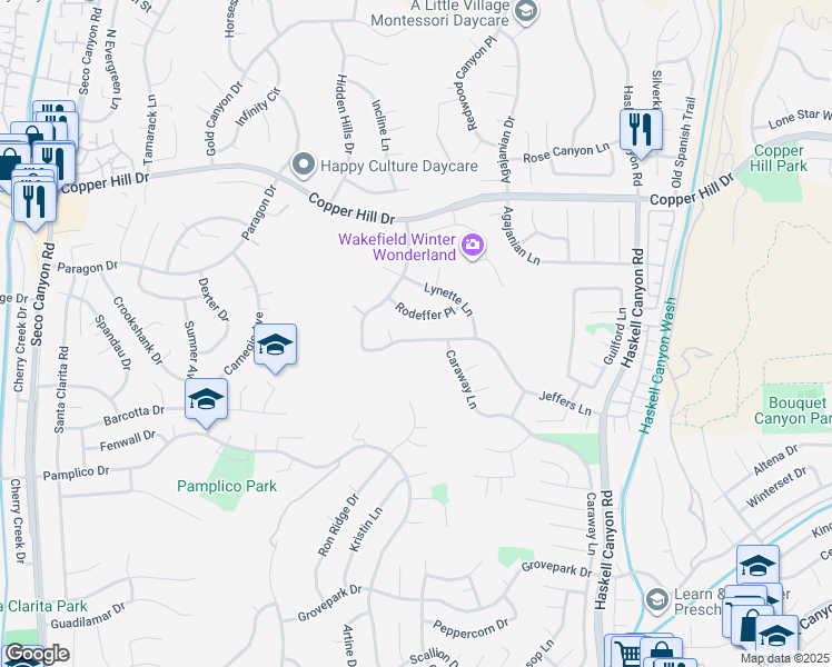 map of restaurants, bars, coffee shops, grocery stores, and more near 21965 Jeffers Lane in Santa Clarita