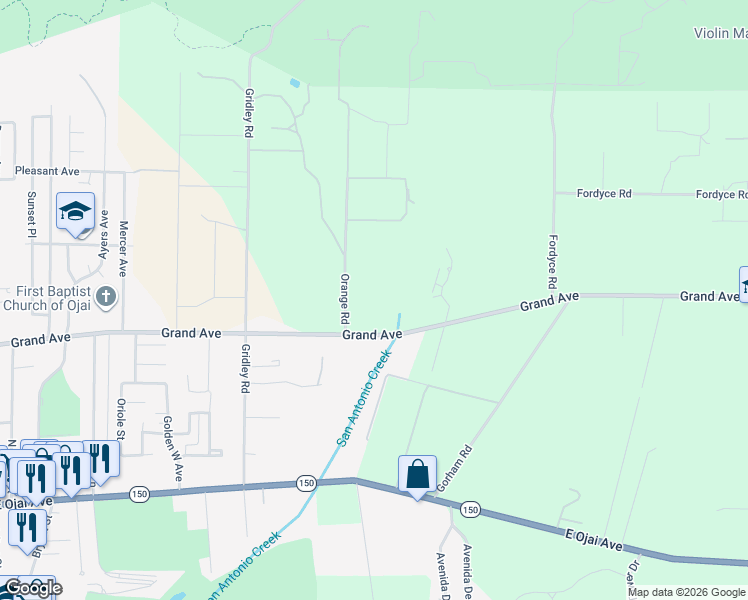 map of restaurants, bars, coffee shops, grocery stores, and more near 956 Orange Road in Ojai
