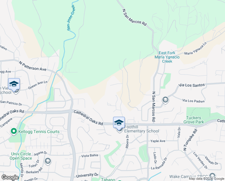 map of restaurants, bars, coffee shops, grocery stores, and more near 5098 Cathedral Oaks Road in Santa Barbara