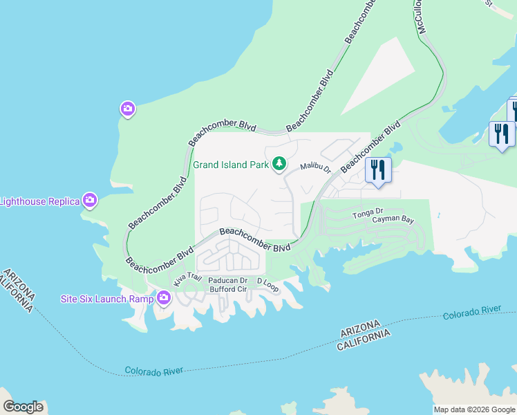 map of restaurants, bars, coffee shops, grocery stores, and more near 704 Malibu Lane in Bullhead City