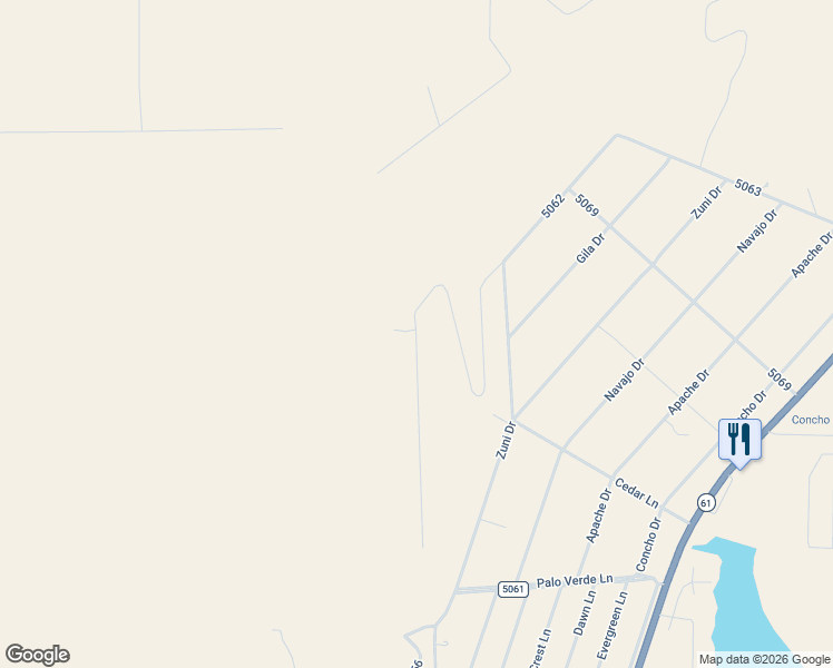 map of restaurants, bars, coffee shops, grocery stores, and more near Indian Drive in Concho