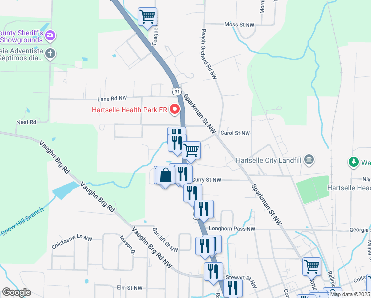 map of restaurants, bars, coffee shops, grocery stores, and more near 1301 U.S. 31 in Hartselle
