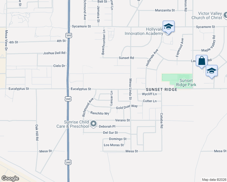 map of restaurants, bars, coffee shops, grocery stores, and more near 11299 Lancer Lane in Victorville