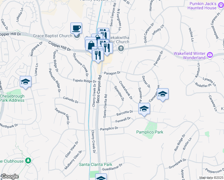 map of restaurants, bars, coffee shops, grocery stores, and more near 27727 Spandau Drive in Santa Clarita