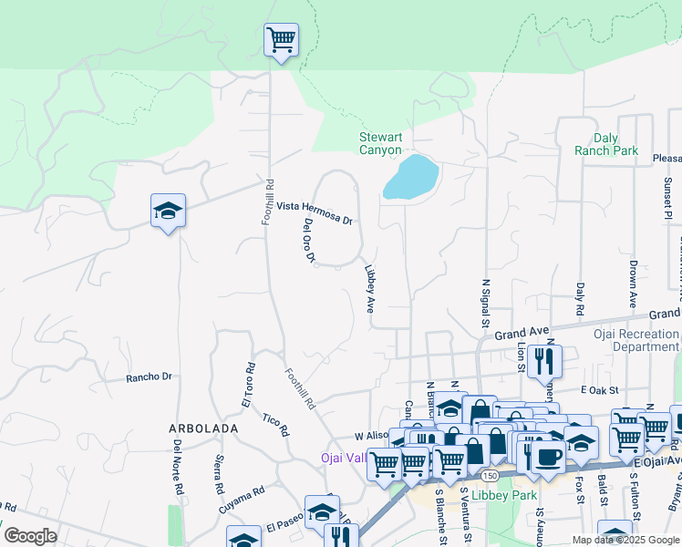 map of restaurants, bars, coffee shops, grocery stores, and more near 515 Del Oro Drive in Ojai
