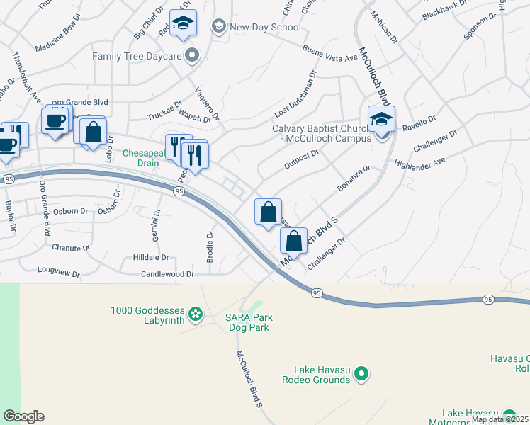 map of restaurants, bars, coffee shops, grocery stores, and more near 3557 Maricopa Avenue in Lake Havasu City