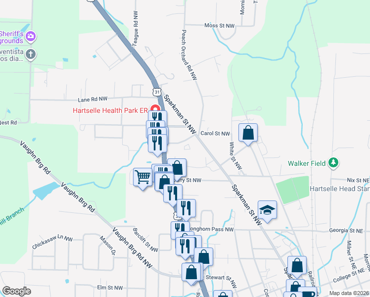 map of restaurants, bars, coffee shops, grocery stores, and more near 708 Midway Street Northwest in Hartselle