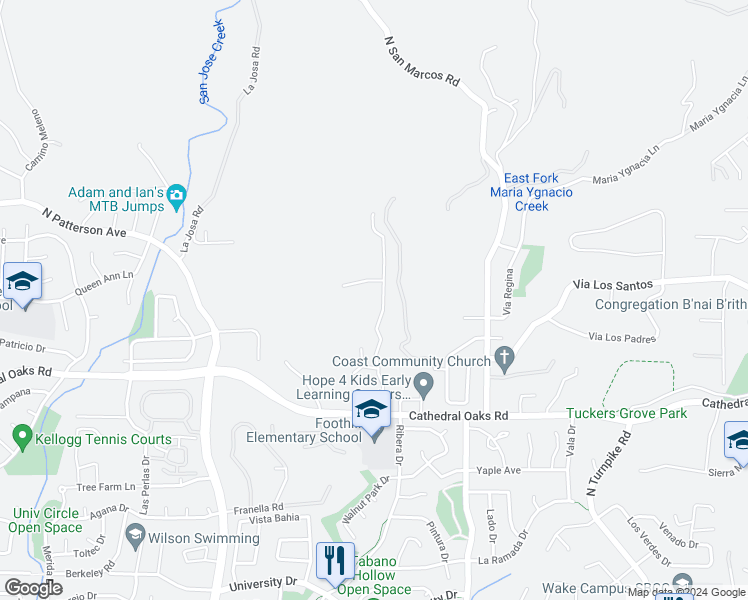 map of restaurants, bars, coffee shops, grocery stores, and more near 5098 Cathedral Oaks Road in Santa Barbara