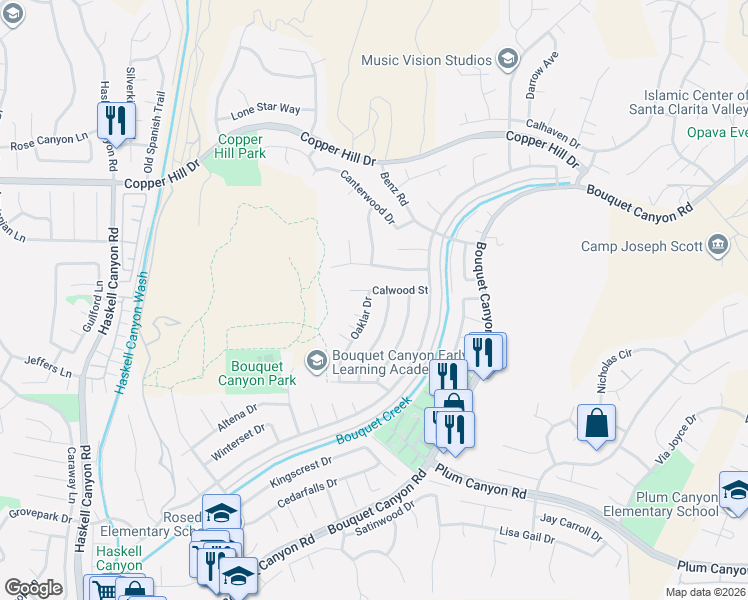 map of restaurants, bars, coffee shops, grocery stores, and more near 28224 Oaklar Drive in Santa Clarita