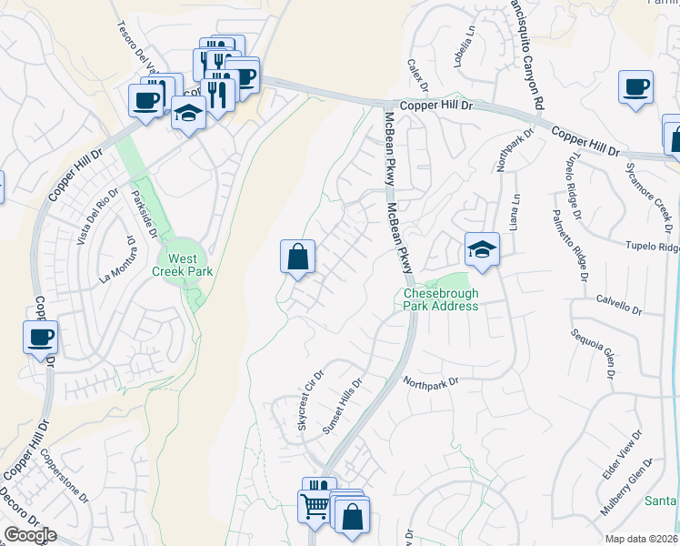 map of restaurants, bars, coffee shops, grocery stores, and more near 23740 Forest View Court in Santa Clarita