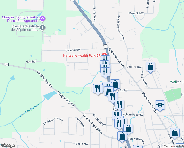 map of restaurants, bars, coffee shops, grocery stores, and more near 1103 Snowhill Lane Northwest in Hartselle