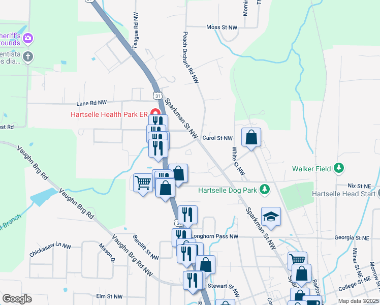map of restaurants, bars, coffee shops, grocery stores, and more near 1317 Sparkman Street Northwest in Hartselle