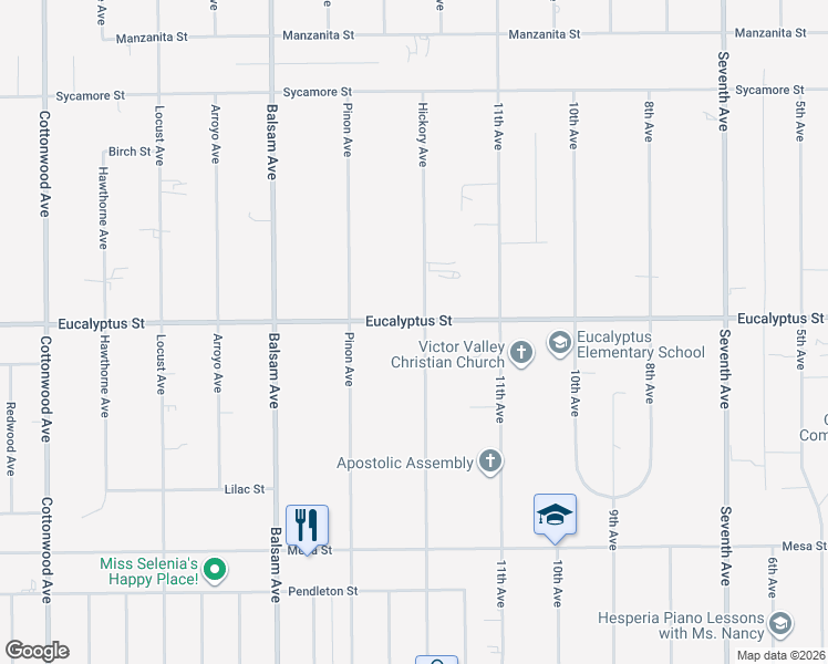 map of restaurants, bars, coffee shops, grocery stores, and more near 11253 Hickory Avenue in Hesperia