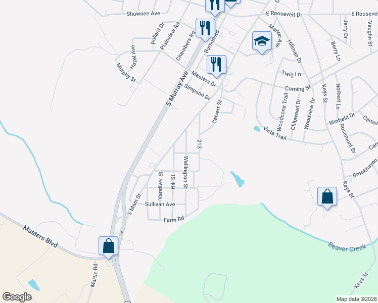 map of restaurants, bars, coffee shops, grocery stores, and more near 212 Riley Street in Anderson