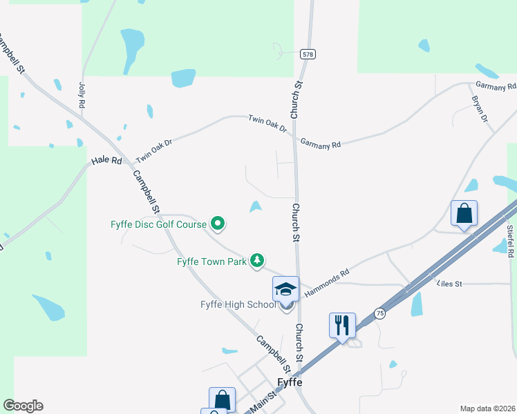 map of restaurants, bars, coffee shops, grocery stores, and more near 223 Camp Lane in Fyffe