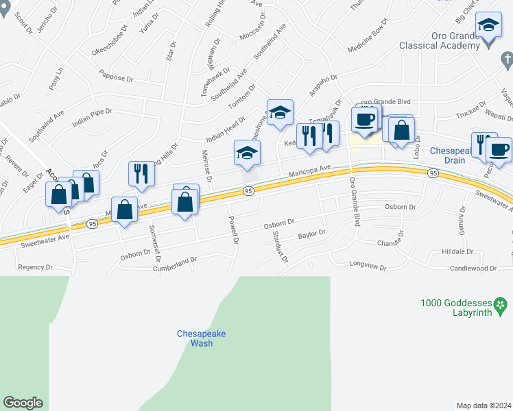 map of restaurants, bars, coffee shops, grocery stores, and more near 3080 Sweetwater Avenue in Lake Havasu City