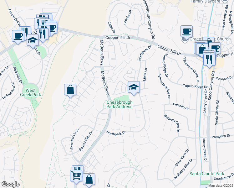 map of restaurants, bars, coffee shops, grocery stores, and more near 28011 Daydream Way in Santa Clarita