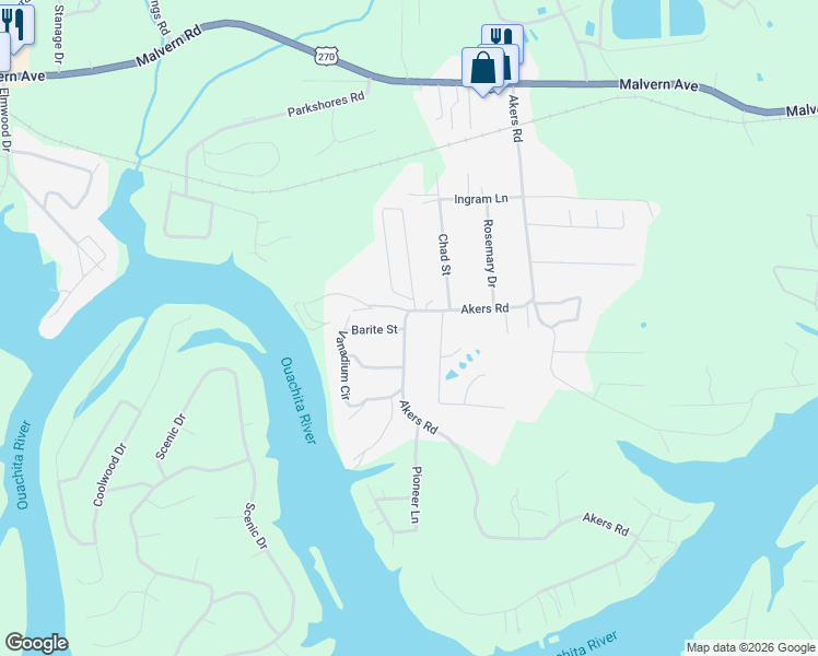 map of restaurants, bars, coffee shops, grocery stores, and more near 104 Leatherwood Loop in Hot Springs