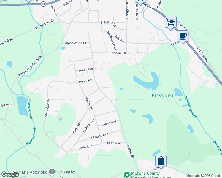 map of restaurants, bars, coffee shops, grocery stores, and more near 73 Rackley Road in Jasper