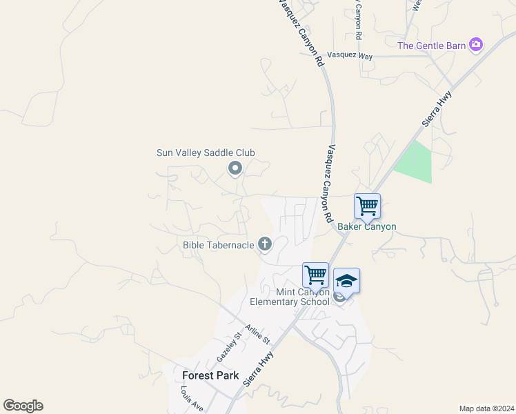 map of restaurants, bars, coffee shops, grocery stores, and more near 16274 Vasquez Canyon Road in Los Angeles County
