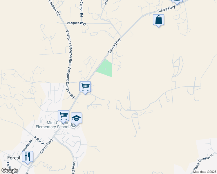 map of restaurants, bars, coffee shops, grocery stores, and more near 16015 Baker Canyon Road in Santa Clarita