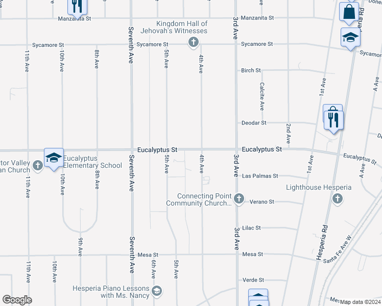 map of restaurants, bars, coffee shops, grocery stores, and more near 16315 Eucalyptus Street in Hesperia