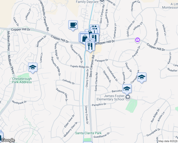 map of restaurants, bars, coffee shops, grocery stores, and more near 27736 Cherry Creek Drive in Santa Clarita