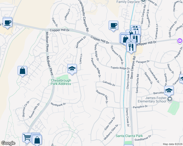 map of restaurants, bars, coffee shops, grocery stores, and more near 27923 Palmetto Ridge Drive in Santa Clarita