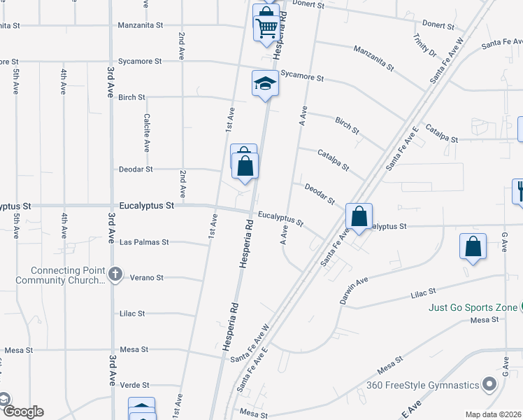 map of restaurants, bars, coffee shops, grocery stores, and more near 11305 Hesperia Road in Hesperia