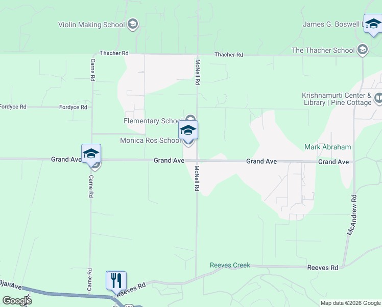 map of restaurants, bars, coffee shops, grocery stores, and more near 757 McNell Road in Ojai