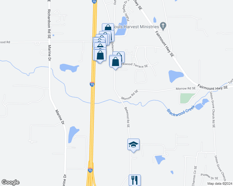map of restaurants, bars, coffee shops, grocery stores, and more near Belwood Road in Calhoun