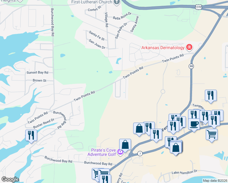 map of restaurants, bars, coffee shops, grocery stores, and more near 213 Rockyreef Circle in Garland County