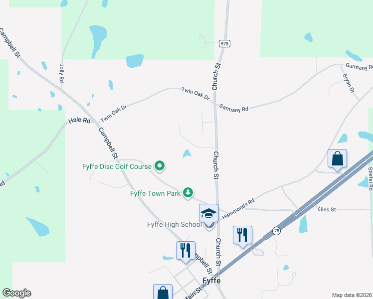 map of restaurants, bars, coffee shops, grocery stores, and more near 223 Camp Lane in Fyffe