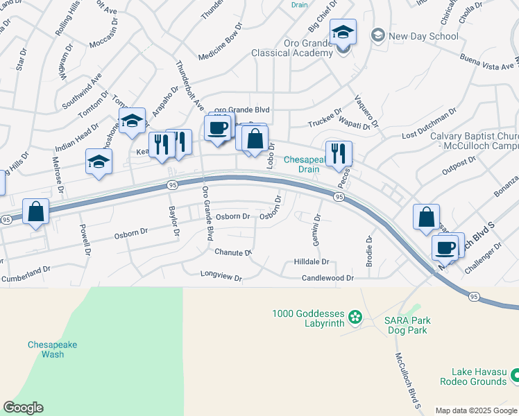 map of restaurants, bars, coffee shops, grocery stores, and more near 3290 Sweetwater Avenue in Lake Havasu City