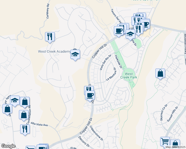 map of restaurants, bars, coffee shops, grocery stores, and more near 24348 Copper Hill Drive in Santa Clarita